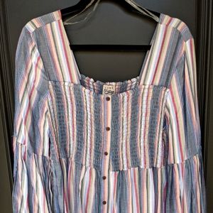 Stripped Smocked Peasant Blouse